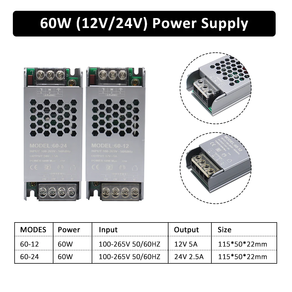 Fuente de alimentación para tiras Led, transformador convertidor de voltaje de 60W, 220 W, 100W, 200W, 300W y 400W, CA de 110V a CC de 12V y 24V