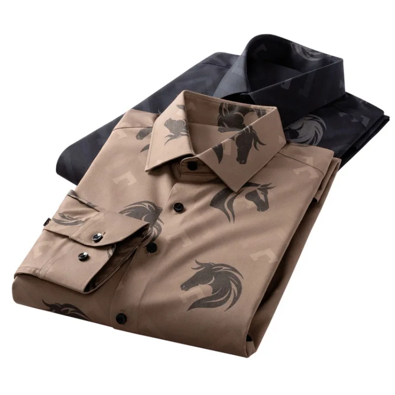 

Men's 2026 New Chinese Style Horse Dragon Print Bamboo Fiber Long Sleeve Shirt, Loose Fit Trendy Casual Dress Shirt