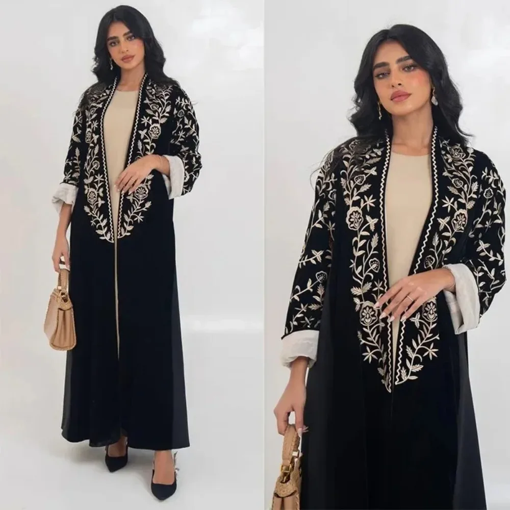 

Muslim Women Abaya Velvet Trench Coat Eid Lapel Overcoat Autumn Ramadan Caftan Morocco Windbreaker Arab Casual Long Outerwear