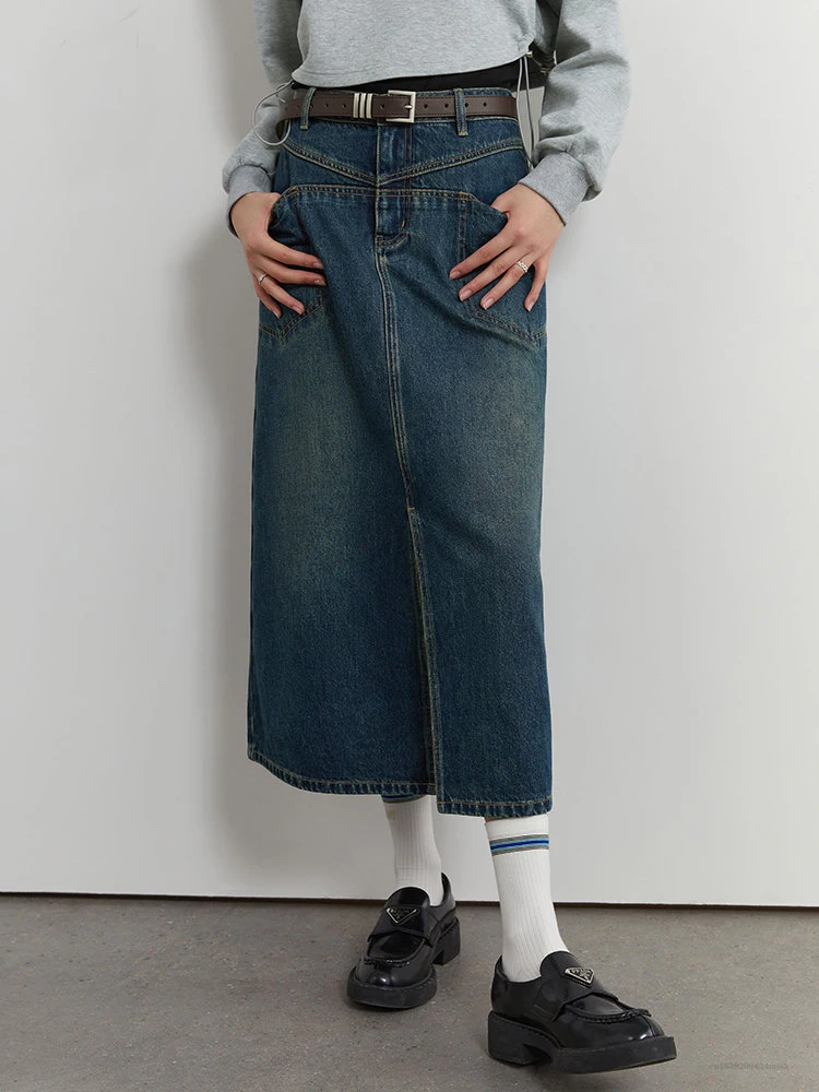 

Denim Skirt Women High Waist Long A-LINE Skirts Office Lady Front Spilt Retro Denim Blue Jean Skirt For Women