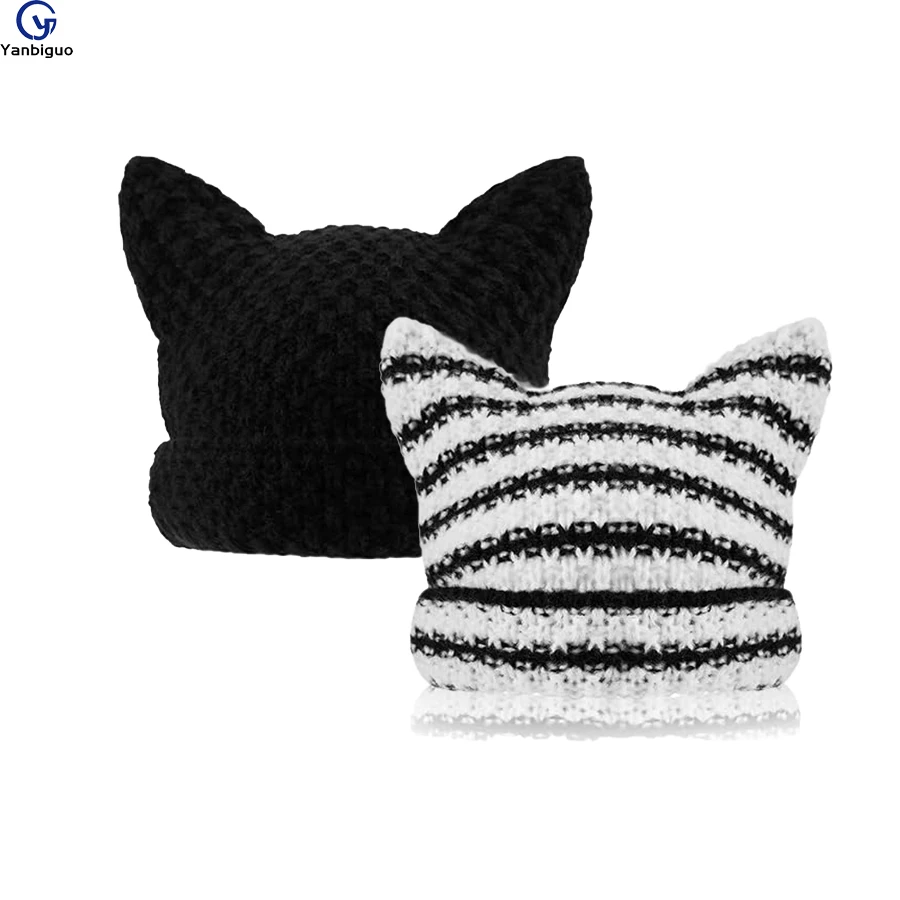 

Crochet Hats for Women Winter Wool Baggy Beret Beanie Cute Devil Cat Ear Crochet Braided Knit Hat Ski Cap Vintage Goth Beanies