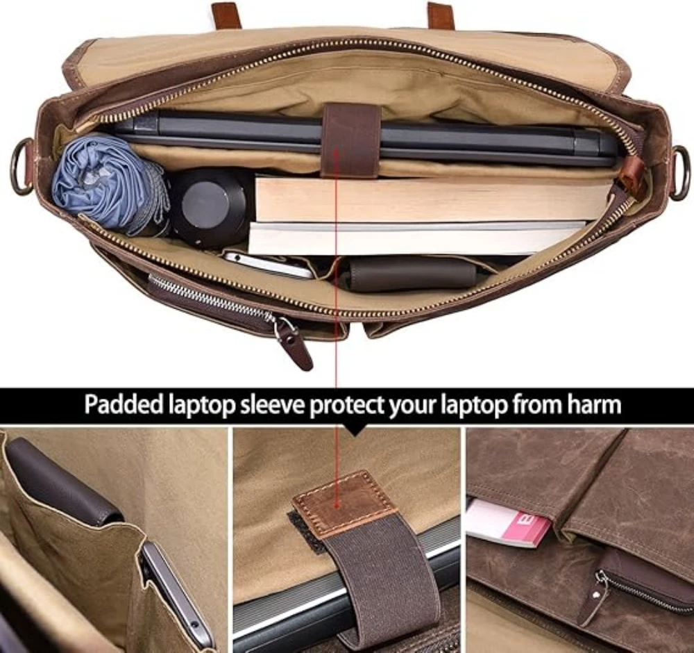 Mens Messenger Bag 15.6 Inch Waterproof Vintage Genuine Leather Waxed Canvas Briefcase Large Leather Computer Laptop Bag Rugged