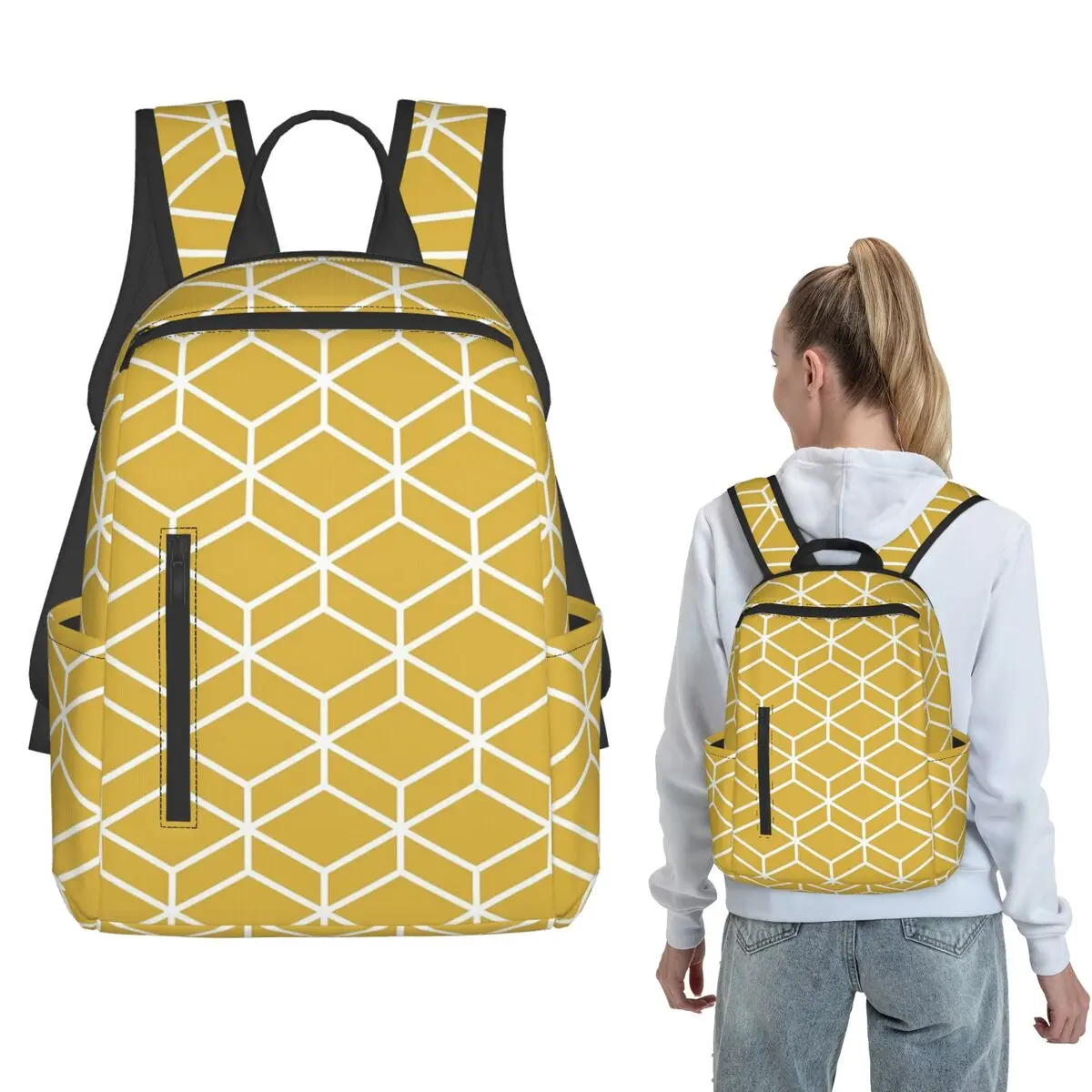 Mochila con entramado geométrico de panal de abeja en blanco y amarillo mostaza claro, mochila escolar de gran capacidad para niños y niñas, mochila escolar para el hombro