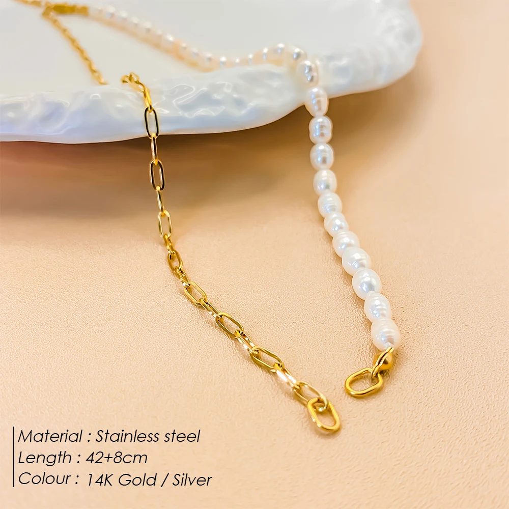 eManco Stainless Steel Paperclip Chain with Irregular Freshwater Pearls for DIY Necklace Jewelry Making