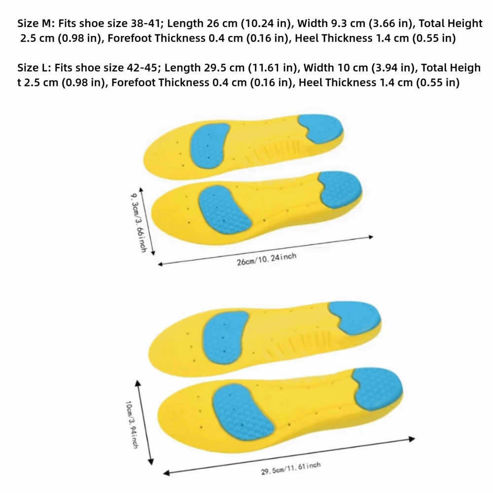 4pcs PU Gel Base Shoe Insoles Thickened Footbed Blue‑Yellow Color Sport Insoles Velvet Mesh Top Layer Heel‑Thick Design