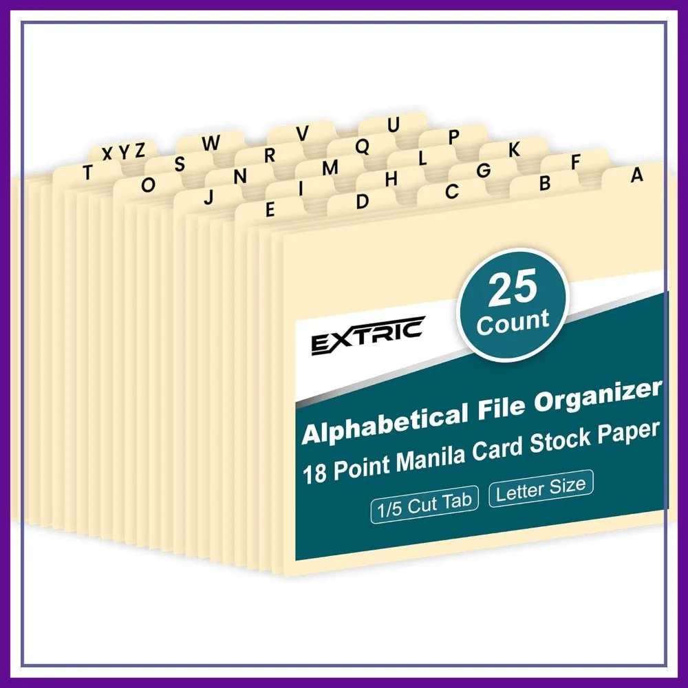 

Alphabetical File Organizer, 25 Heavyweight Manila A-Z Dividers with Tabs, 1/5 Cut Tab Positions for Filing Cabinet & Desk