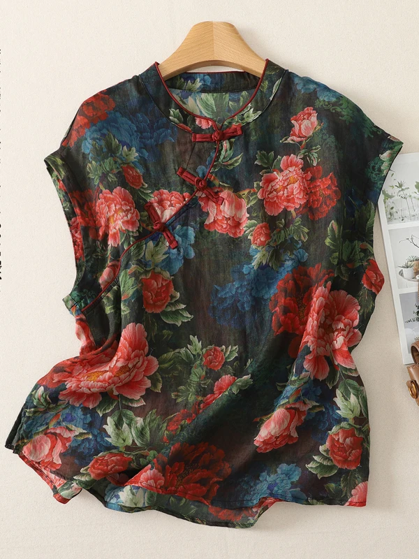 

Anti-Aging Summer Shirt Women's plus Size Fashionable Versatile Side Buttoned Top Artistic Loose Fit Breathable Short Sleeve