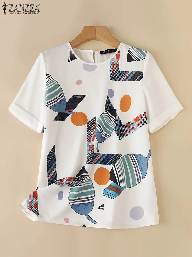 ZANZEA Women Short Sleeve Shirts Casual Loose Geometry Printed Blouse 2024 Summer Round Neck Tops Tunic Fashion Simple Blusas