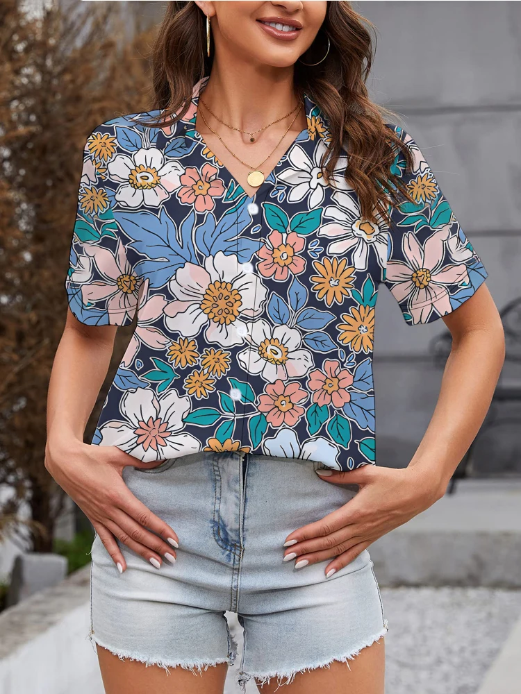 Women's Temperament Elegant Fashion Shirt Flower 3d Digital Printing Shirt Summer Loose Comfortable Casual Short Sleeve Shirt