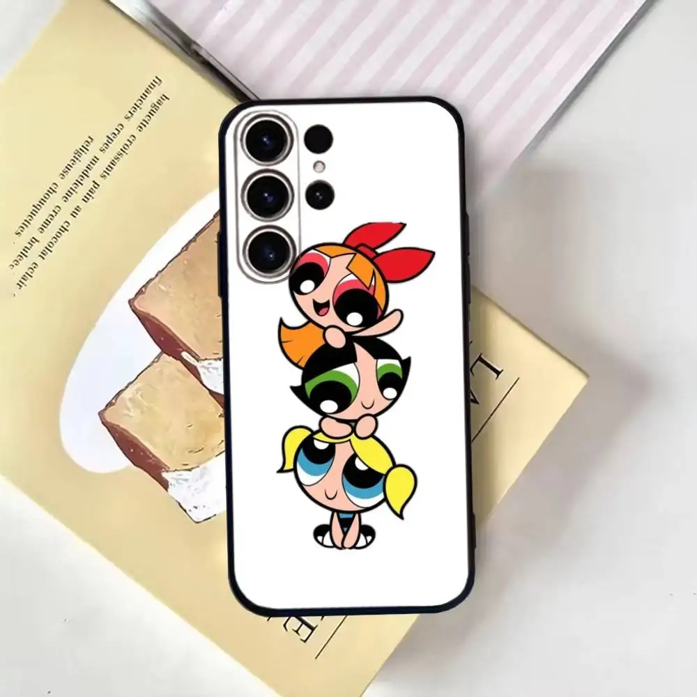 Capa de telefone para meninas Cartoon Star P-Powerpuff para SamsungS25,24,21,22,23,30, Ultra,20,Plus,Fe,Lite,Note,10,9, capa preta macia