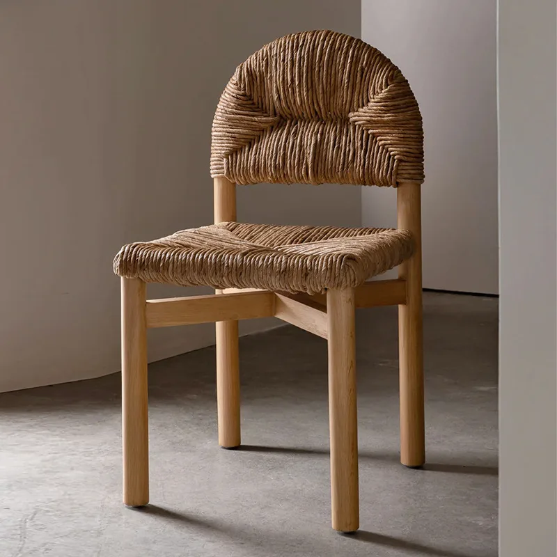 Grass and rattan woven dining chair solid wood medieval silent wind rattan chair log backrest simple