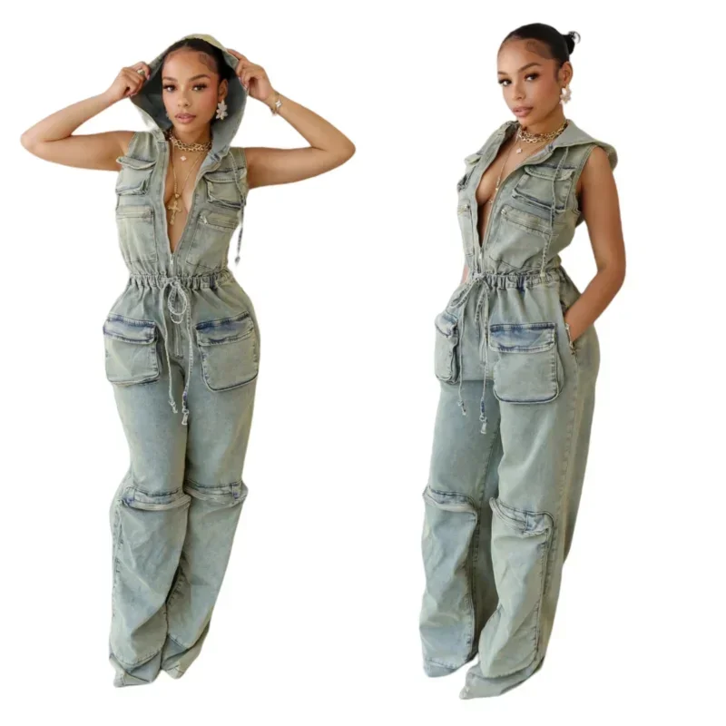 Ueteey Denim Jumpsuit for Women 2024 Sleeveless Big Pocket Hooded Vintage Overalls Womens Elastic Cargo Jumpsuits Light Blue