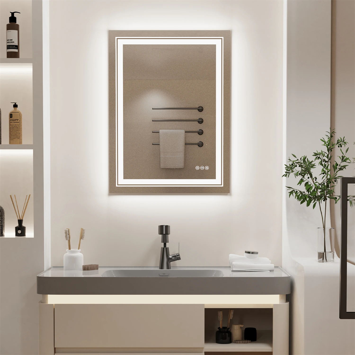 LED Illuminated Bathroom Wall Mirror with Demister Pad, Touch Sensor, Anti-Fog Makeup, Vanity Mirror, Front and Backlit Lights