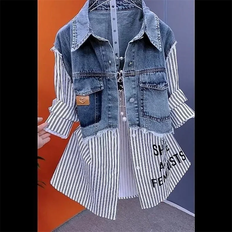 Long Short fake two-piece Fashion Striped Denim Jacket 2024Women\'s Spring/Summer Stitching Women Jackets Temperament Coat jacket