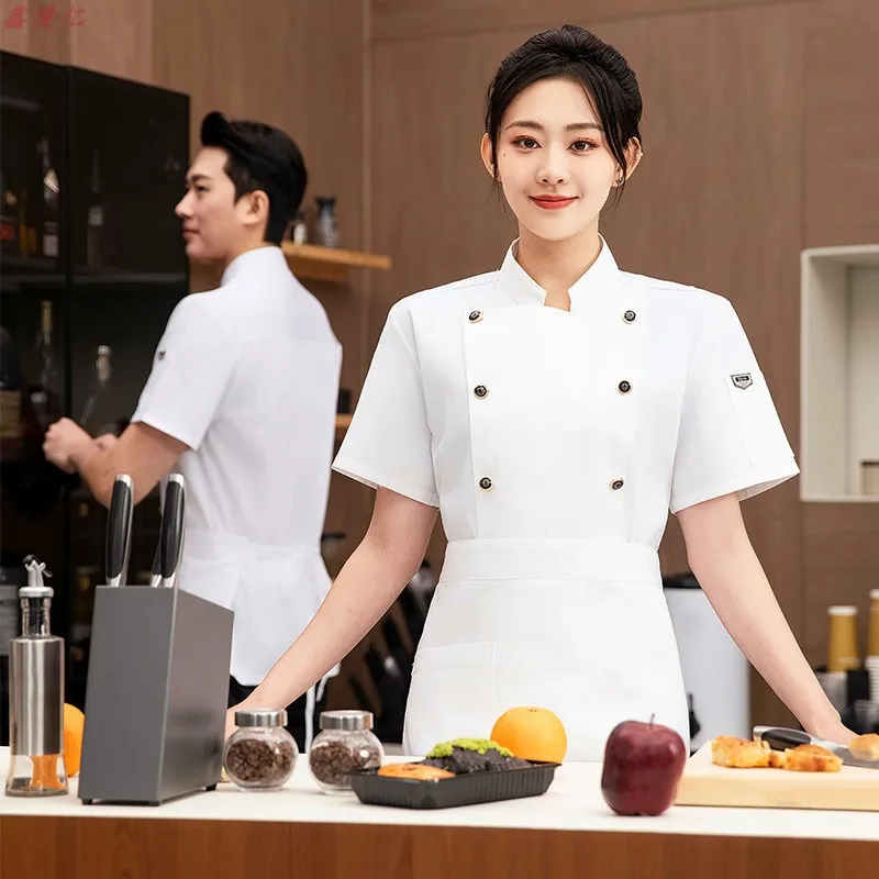 سترة صيفية رفيعة قابلة للتنفس بأكمام قصيرة وشبكة مزدوجة الصدر لتقديم الطعام في الفنادق والمطاعم والمقصف والمعجنات