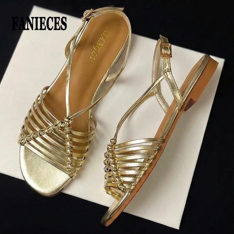 

Summer Beach Gladiator Sandals For Woman Braided Hollow Out Flat Shoes Open Toe Ankle Buckle Narrow Band Woven Roman Sandalias
