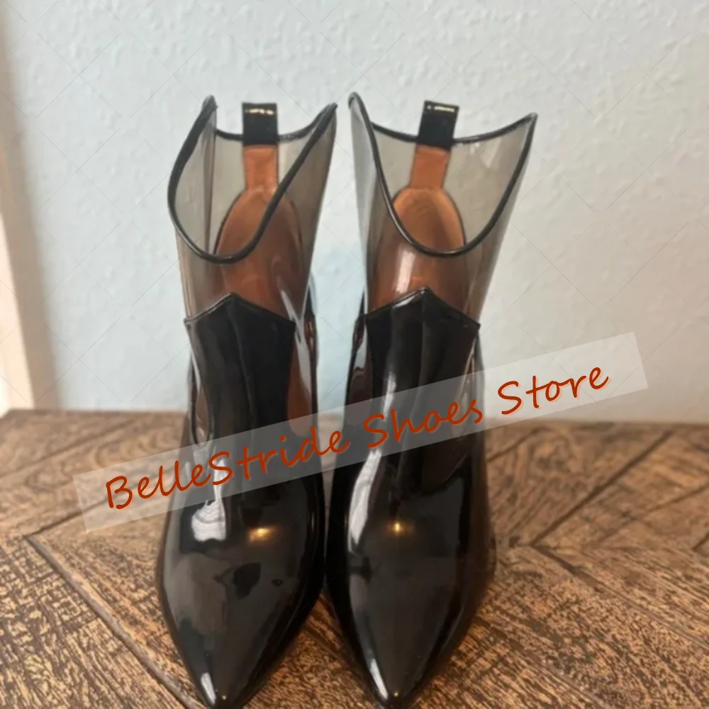 Stivali in PVC con punta a punta nera in pelle verniciata per le donne Tacchi alti sottili Cena alla moda 2025 Zapatos Para Mujeres