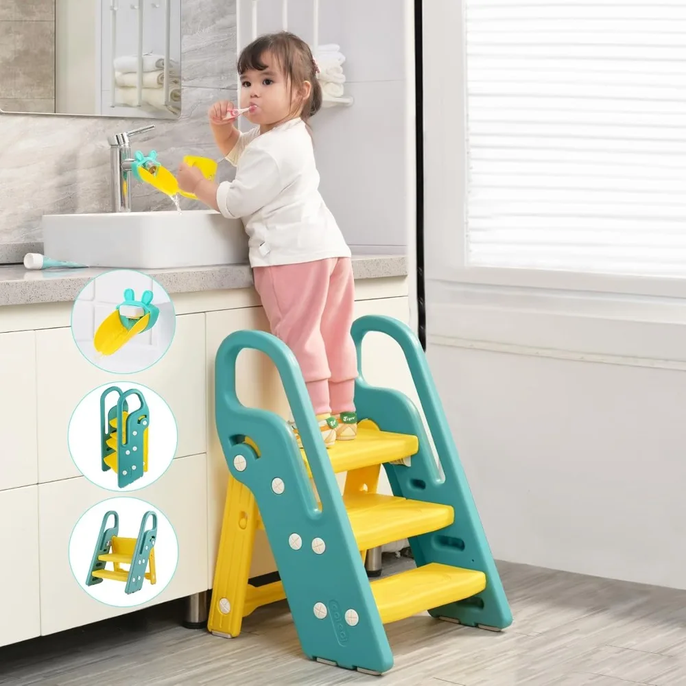 Taburete plegable para niños pequeños, para lavabo de baño, taburete ajustable de 3 escalones para niños, taburete de entrenamiento para ir al baño con asas, niño