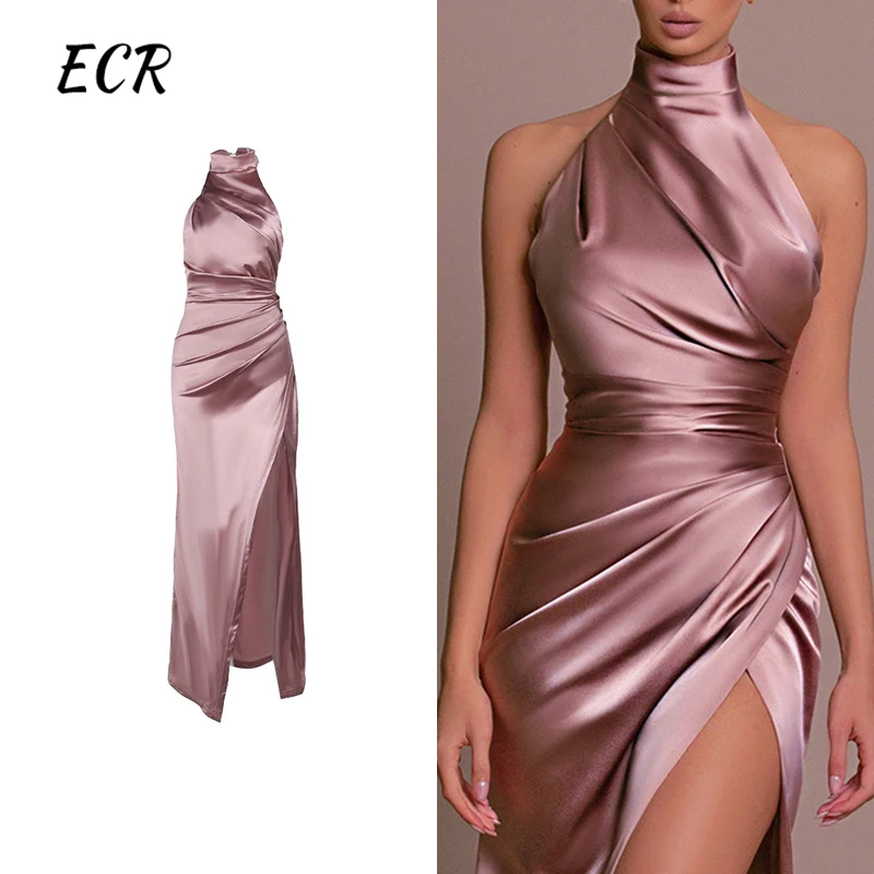 

ECR Solid Sexy Slimming Long Dresses For Women Halter Sleeveless High Waist Spliced Folds Party Dress Female Fashion Style New