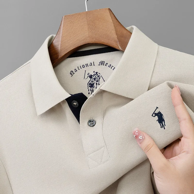 

Новые мужские рубашки поло из чистого хлопка на весну и осень, роскошные однотонные повседневные мужские футболки с отложным воротником и длинными рукавами с вышивкой