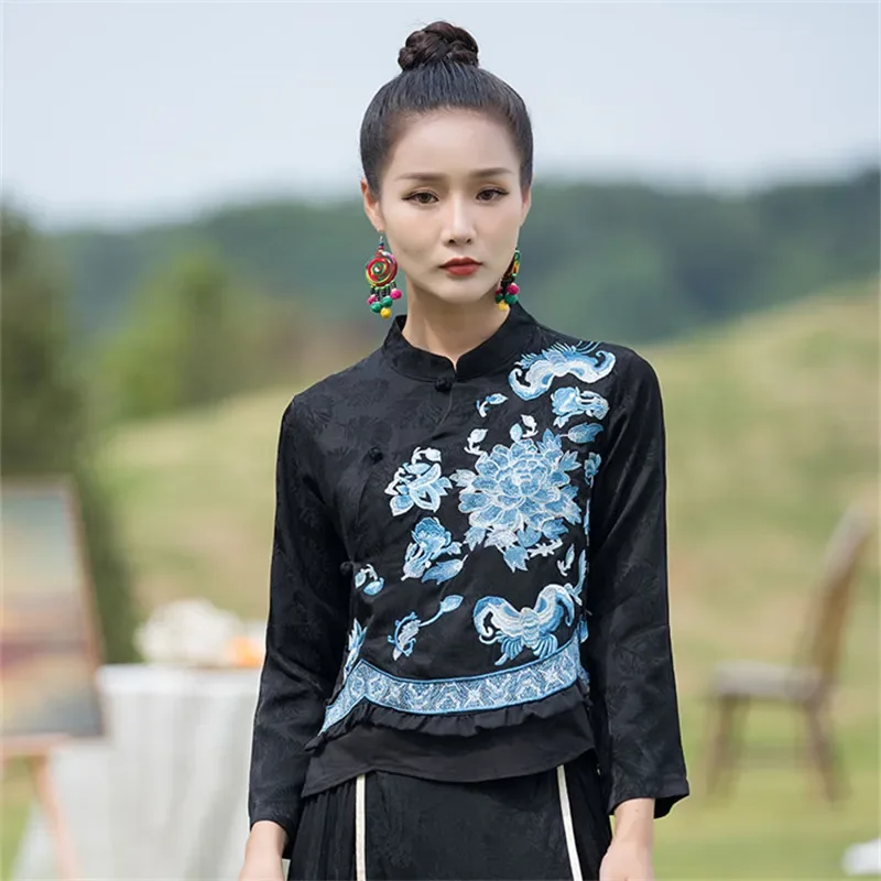 

China Tang Suit Shirt Woman Embroidery National style Clothes Fashion Oriental Vintage Chinese Top Women Spring Short