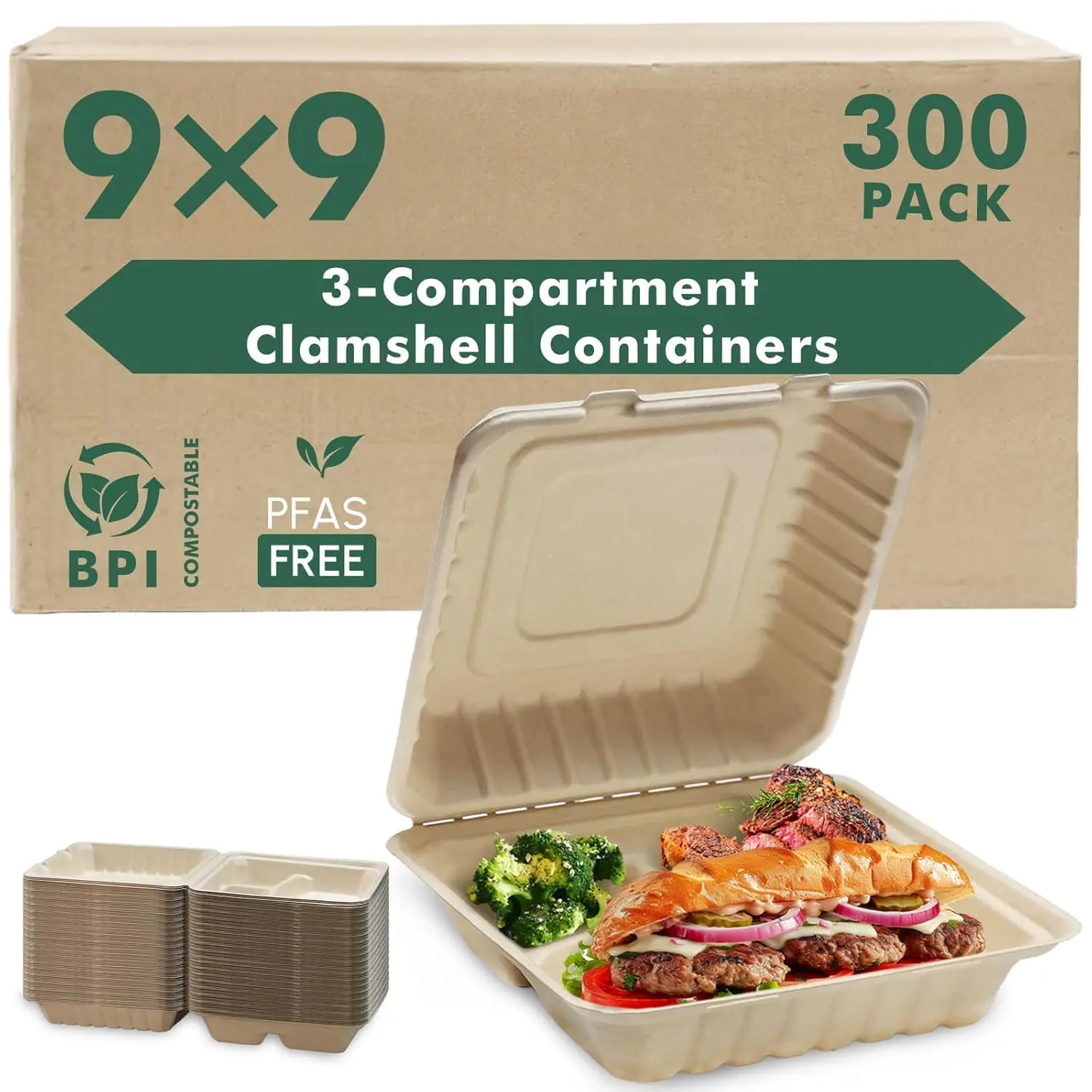 

[9X9 3-Compartment 300-Pack] 100% Compostable Clamshell Take Out Food Containers - Heavy-Duty Quality, Natural