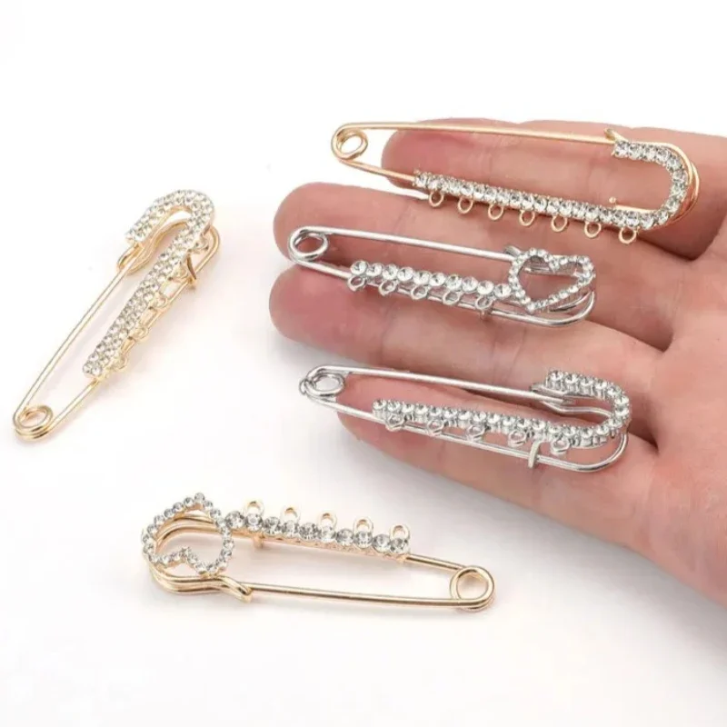 Alloy Rhinestone Brooches Gold Silver Color Decorative Safety Pin Fixed Pins Brooch for Women Dress Clothing DIY Jewelry Making