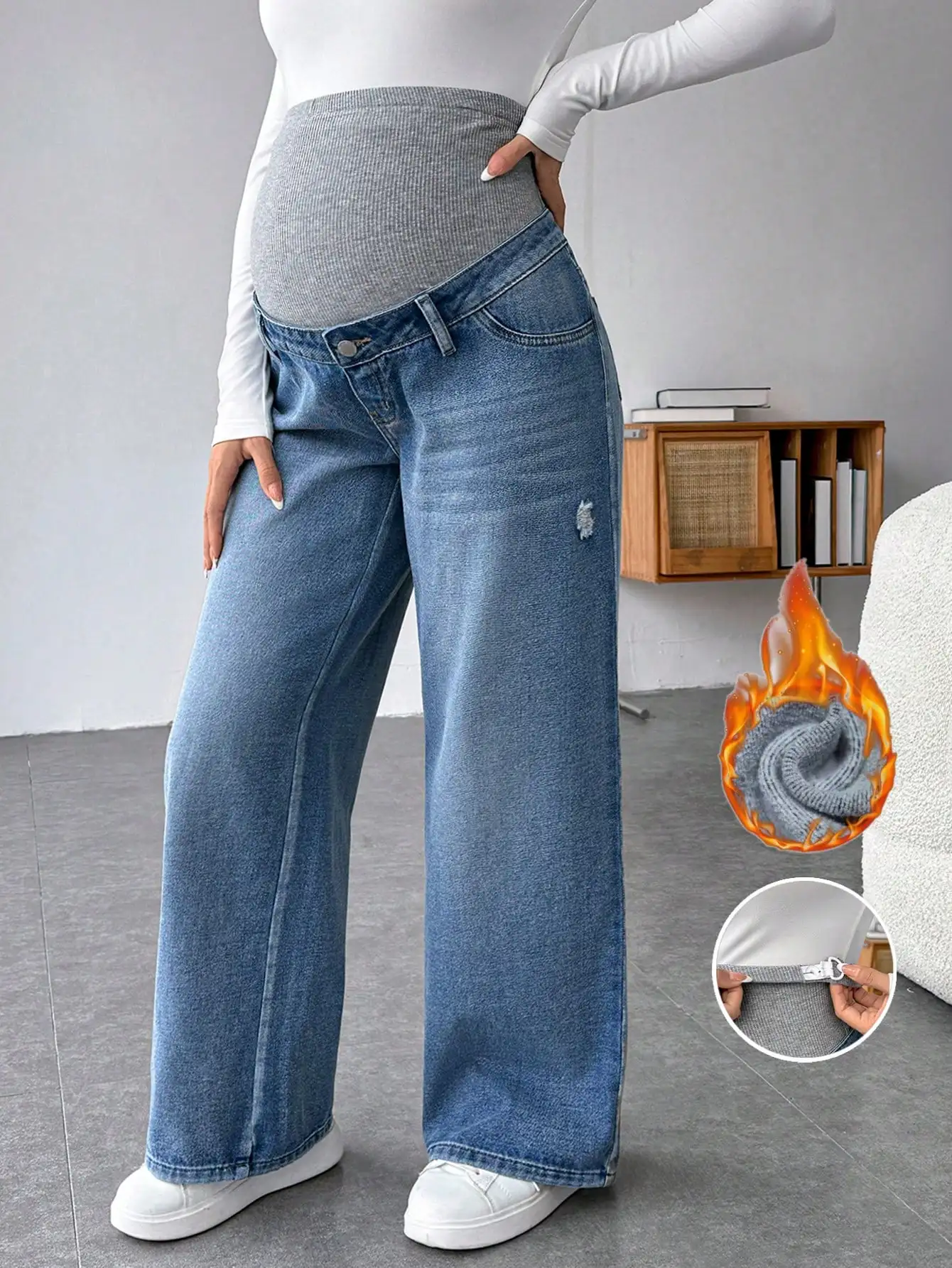 

Широкие джинсы для беременных с эластичным поясом, утепленные флисом для зимнего комфорта