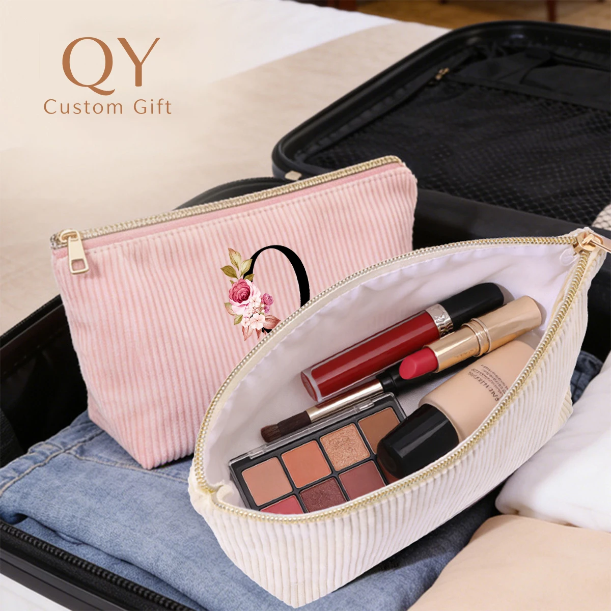 1PC Customized Name Wedding Gifts Corduroy Makeup Bag Back to School Student Pencil Case Travel Portable Toiletry Storage Bag