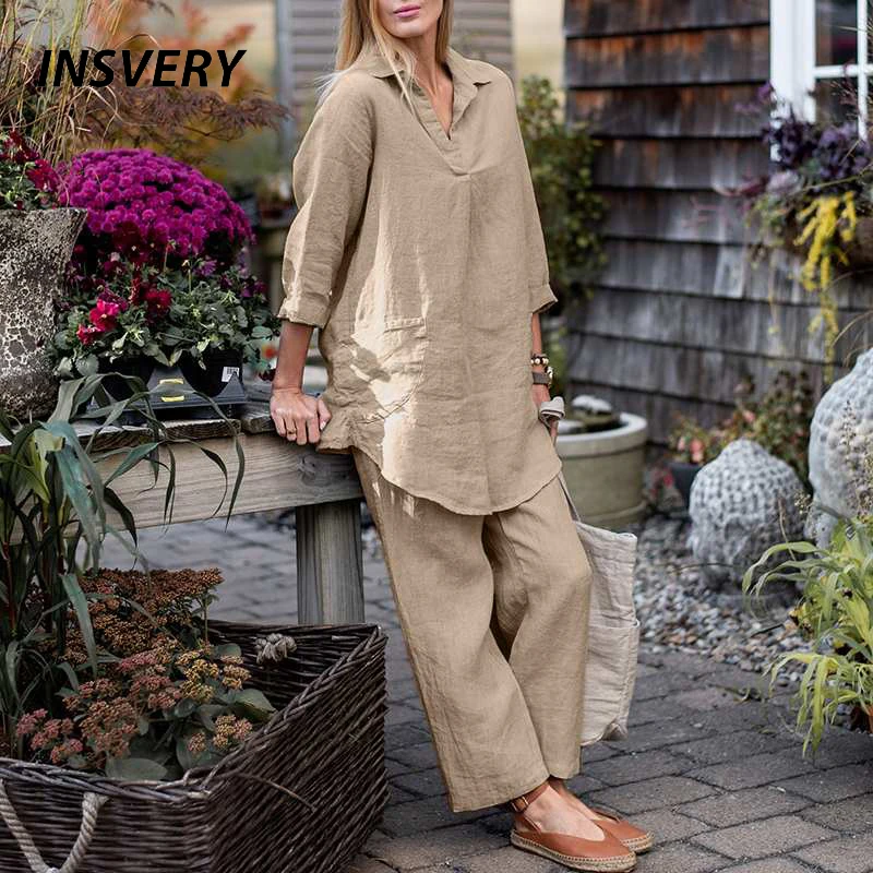 

2023 Casual Two Piece Sets Womens Outfits V Neck Long Sleeve Shirt High Waist Pants Suit Autumn Outfits