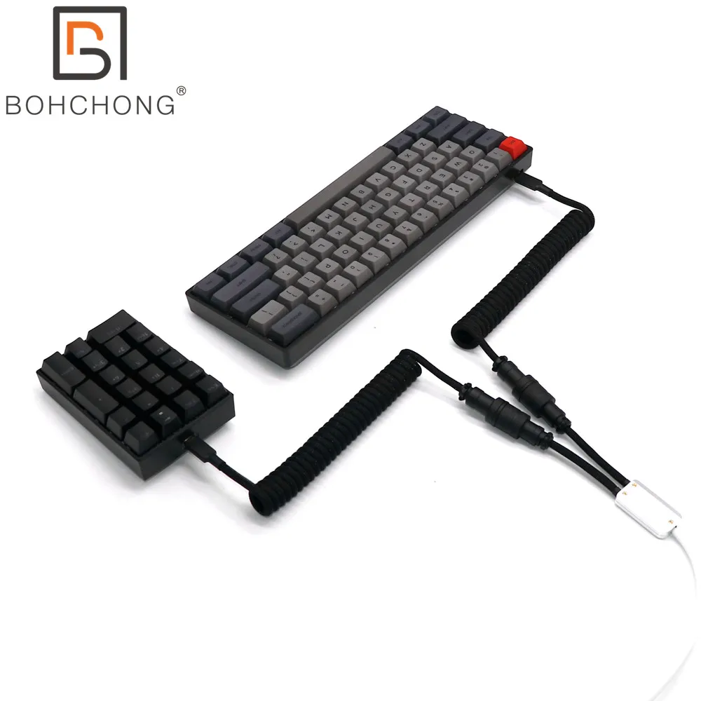 Aluminum Alloy USB Spliiter Socket to 2pcs Type C Micro Spiral Coiled Splitter Power Data Cable for PC Split Gaming Keyboard