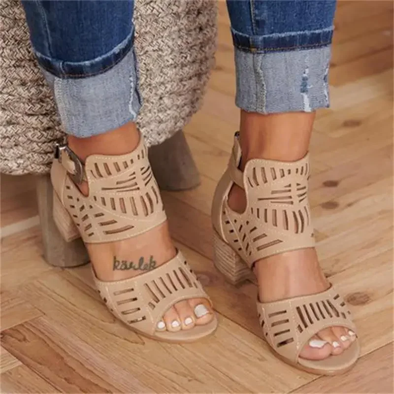 

Women Mid Heel Summer Slip-on Buckle Ladies Shoes Open Toe Casual Wedding Pumps Sandalias Solid Color Thick Heeled Sandales