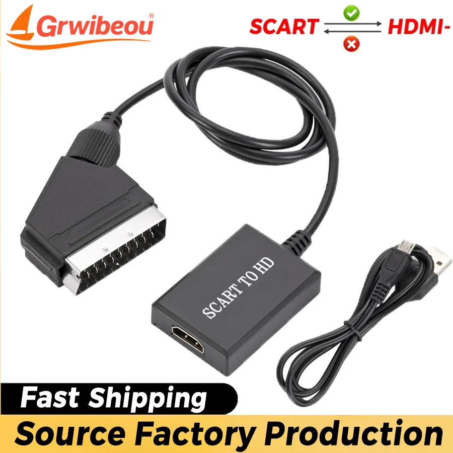 Convertidor compatible con SCART a HDMI, adaptador de Audio y vídeo para TV HD, DVD, HDTV, Sky Box, STB, Plug and Play, Cable DC, Plug and Play