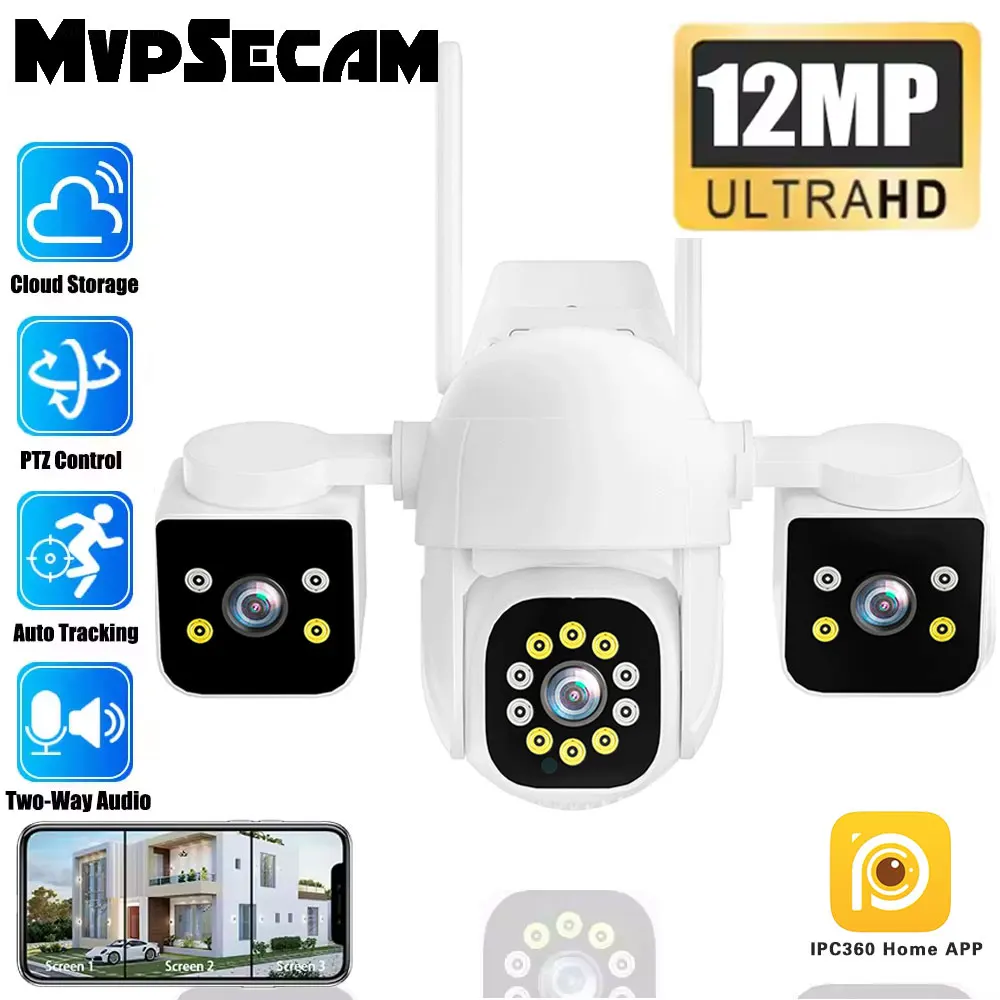 

6K/12MP AI Motion Tracking PTZ Outdoor Security Camera - 3 Lenses, 3 Screens, WiFi, 360° Home Surveillance (IPC360)