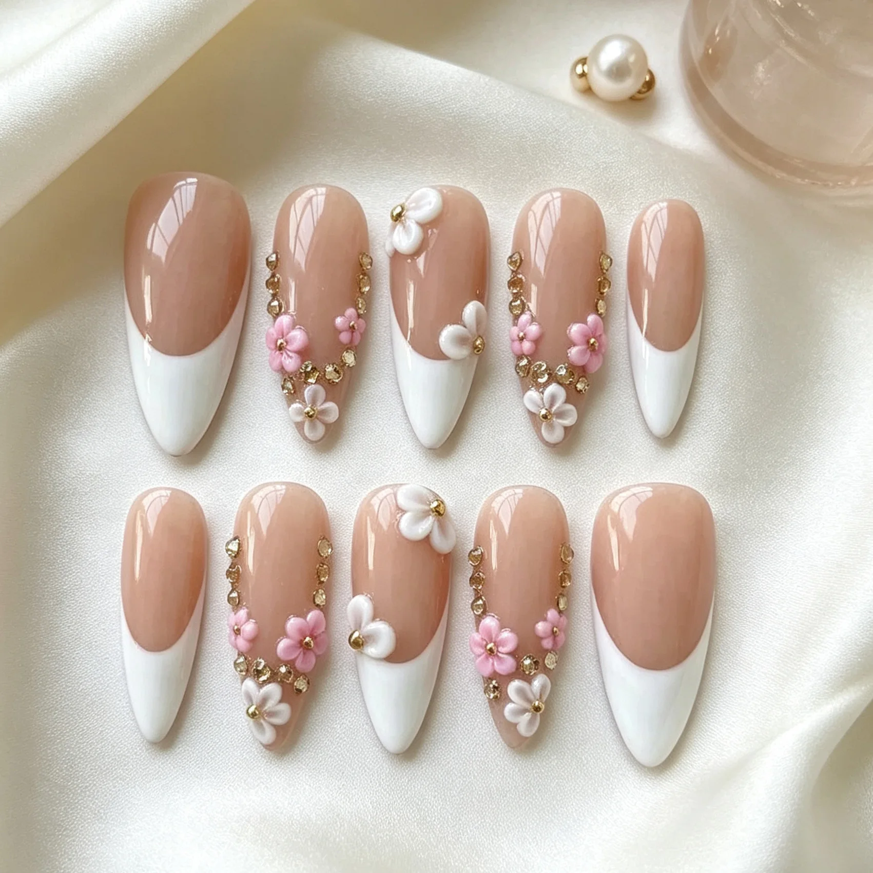 10 Stück Nude Base Handgefertigte Aufklebenägel 3D Rosa Weiße Blumen Strass Künstliche Nägel Lange Stiletto Falsche Nägel für Frauen & Mädchen – Detail 2