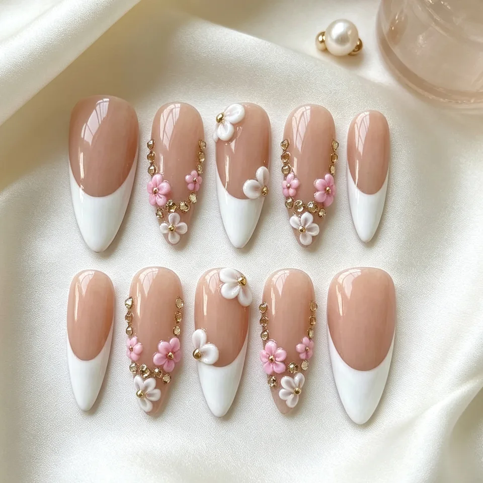 10 piezas de uñas postizas nude base hechas a mano, flores 3D rosa y blanco con pedrería, uñas largas stiletto para mujeres y niñas 2