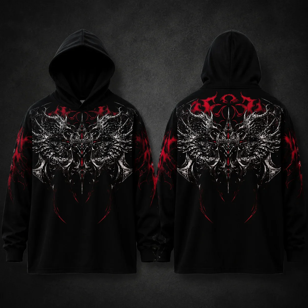 2026 Men's Oversized Polyester Pullover Hoodie,Gothic Y2K Death‑Metal Demon Skull Thorn Dark Punk Streetwear Graphic Sweatshirt