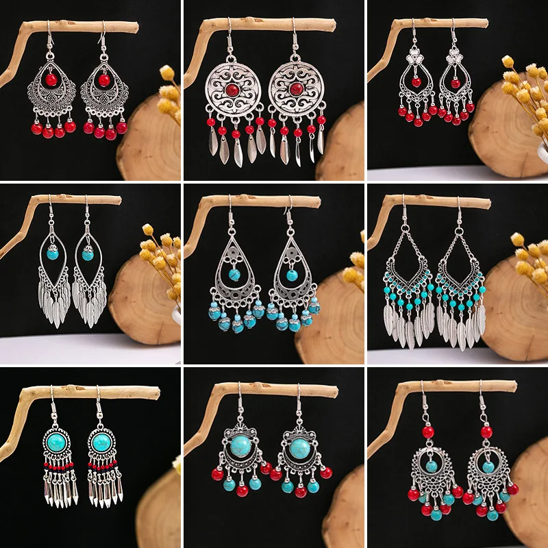 

Bohemin Vintage Ethnic Fashion Drop Dangle Earrings For Women Blue Turquoise Tassel Geometric Earring Accessories Pendiente