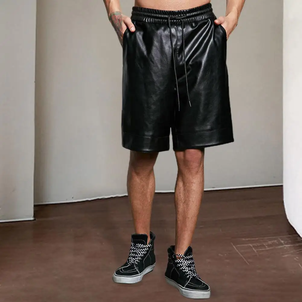 Faux Leather Shorts Men Drawstring Waist Shorts Men\'s Faux Leather Drawstring Shorts with Pockets Wide Leg Streetwear for Men