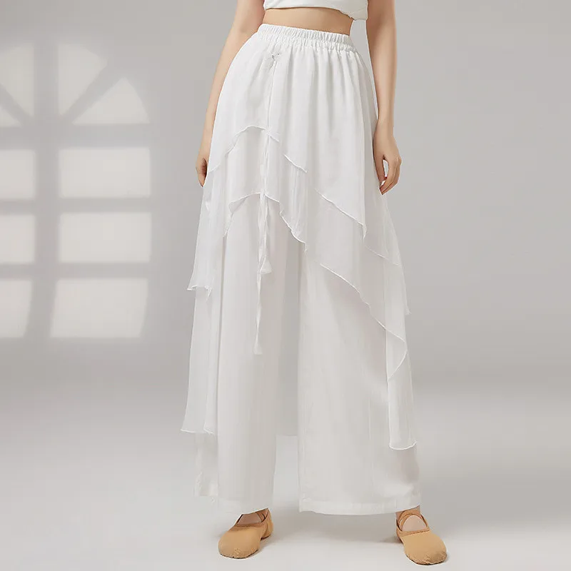 Classical Chinese Dance Wide Leg Pants Fake Two Pieces Double Layer Irregular Chiffon Skirt Trousers Drawstring Elegant Training