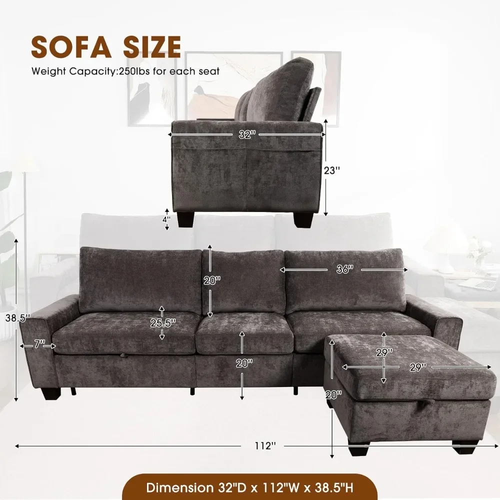 112“ Convertible Storage Sectional Sofa,L Shaped Couch with Storage Ottoman,Multi-Functional Reversible Sofa,Breathable Fabric