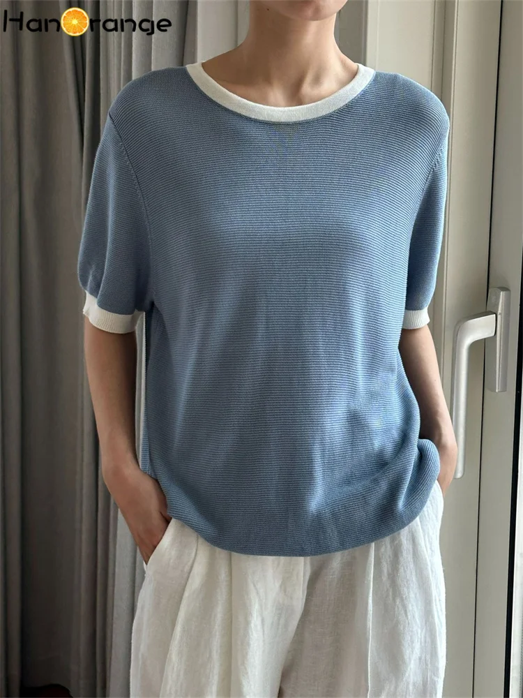 HanOrange 2026 Summer Lazy Casual Contrast Knitted T-shirt Women Soft Sticky Comfortable Loose Knitting Top Black/Blue