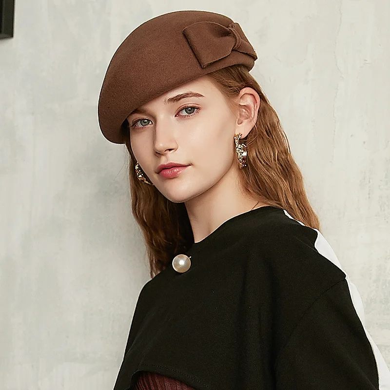 Elegant Berets Hat Women Autumn Winter 100 Wool Fedora Hat Felt Hat Banquet Party Cap Female Solid Beanie Hat 52-57cm Small Size