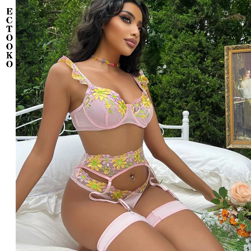 ECTOOKO Pink 3-Piece Sexy Lingerie Sets with Stockings Floral Embroidery Fancy Underwear Exotic  Ruffled Intimate Fairy Outfits