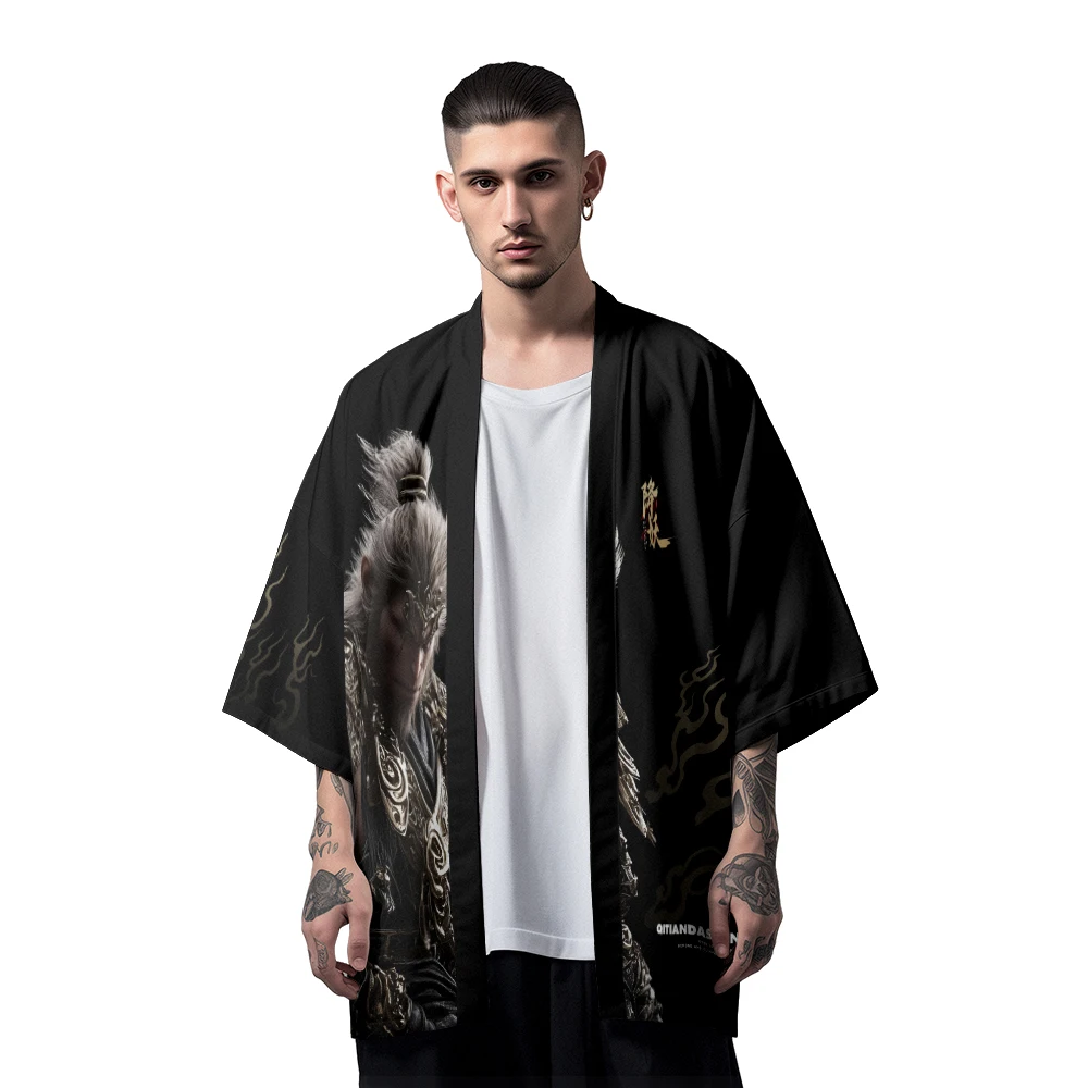 Monkey King Kimono Shirt Wu Kong Men's Chinese Mythological Characters Animation Printed Clothing Half Sleeve Tops