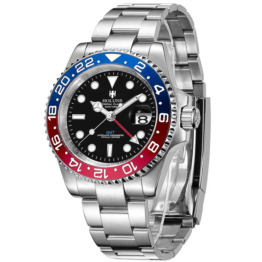 HOLUNS GMT Automatic Watch For Men Ceramic Blue Red Bezel Luminous 2 Zone Super Waterproof Mechanical Reloj Hombre Sapphire