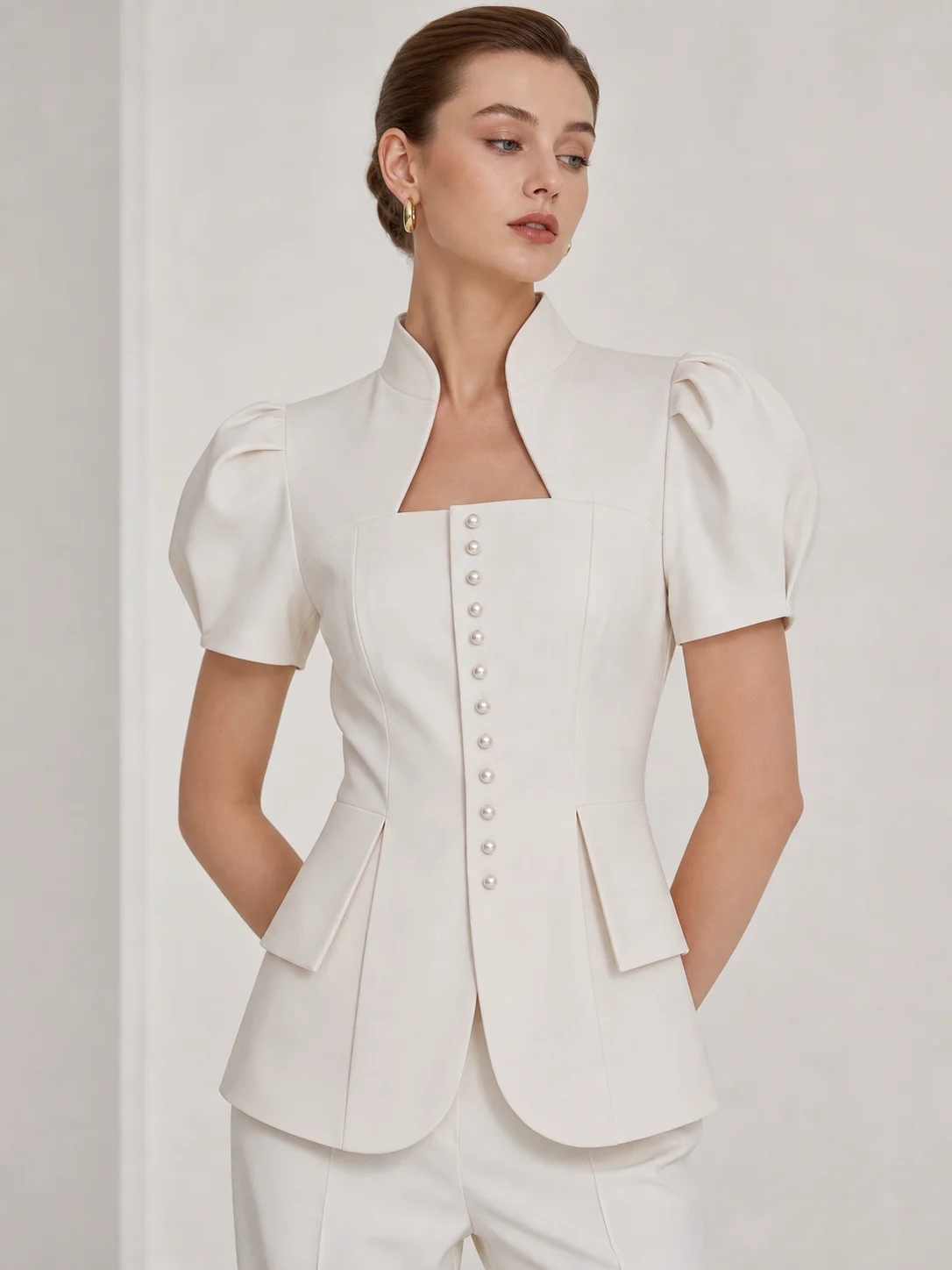 Women Pink Short Sleeve Blazer Elegant Pearl Button Puff Sleeve Slim Fit Formal Office Jacket