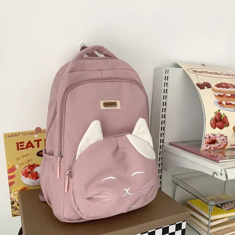 Cute Cat School Backpack Young Girl Female Large Capacity Kawaii Back Pack Mochila Pink Women Bagpack Nylon Cartoon Schoolbag