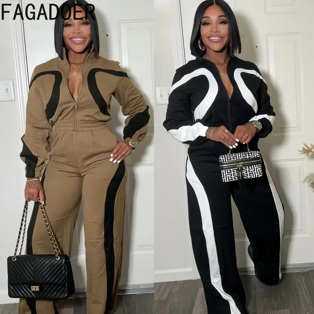 

FAGADOER осенние новые модные спортивные облегающие комбинезоны для женщин, цветные лоскутные комбинезоны на молнии, женские уличные комбинезоны