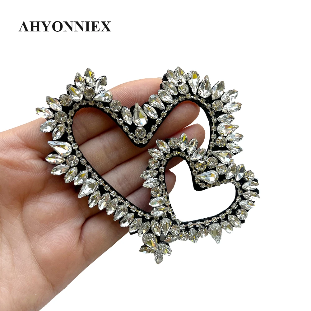 9.5CM x 8.5CM Double Heart Shape Rhinestone Beaded Patches for Clothes Sew On Patch Badge Applique Fashion Patches